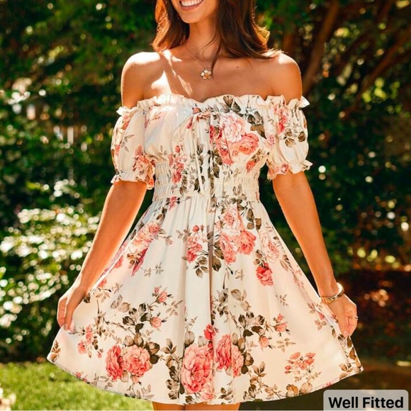 SHEIN Floral Off-Shoulder Mini Dress - Pink and Cream - Picture 1 of 6